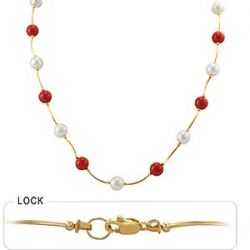 7.2gm 14k Yellow Gold Pearl Coral Tubing Necklace 16 inch