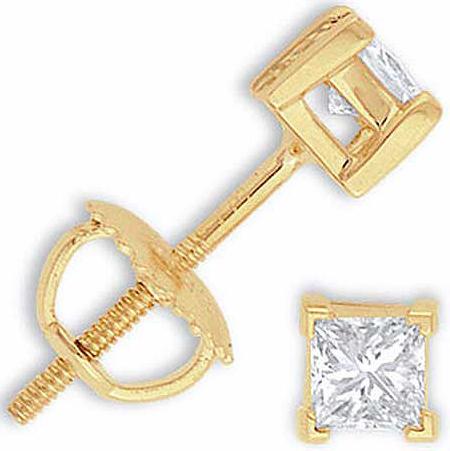 3/4 Ct Princess Diamond Stud Earrings 14k Yellow Gold