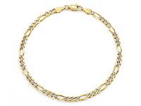 4.20 gm 14k 2Tone Gold Figaro White Pave Chain Bracelet 7 inch