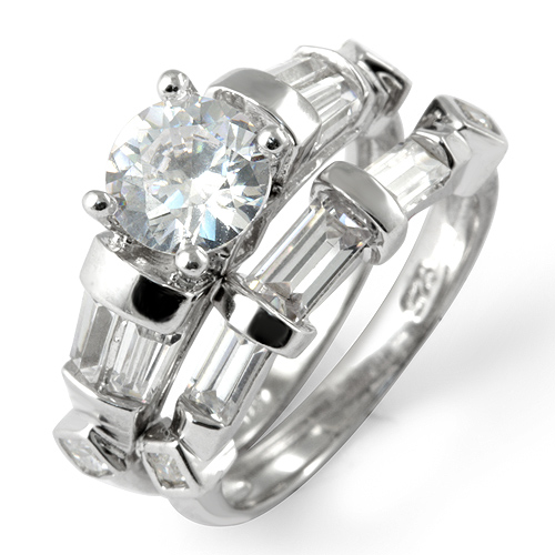 ... Baguette Round Bridal Set Ring Wedding Sterling Silver 925 Sz 7